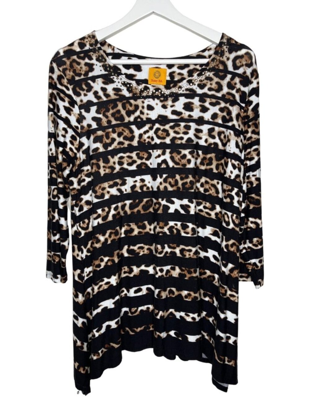 Ruby Rd Leopard Stripe Top Womens Medium Black Brown Sequin Accent Long Sleeve